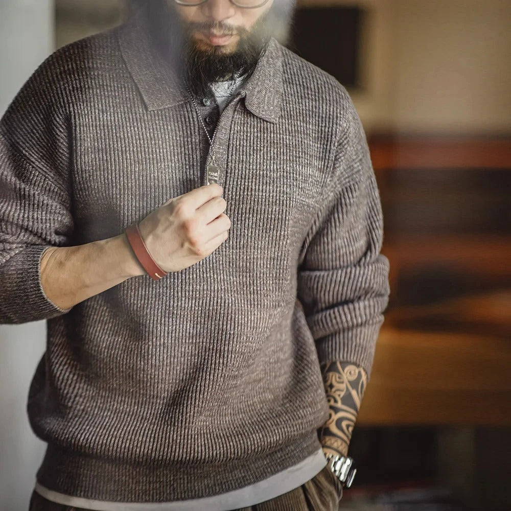 Oakern Retro Knit Polo Sweater – Soft & Breathable Long-Sleeve